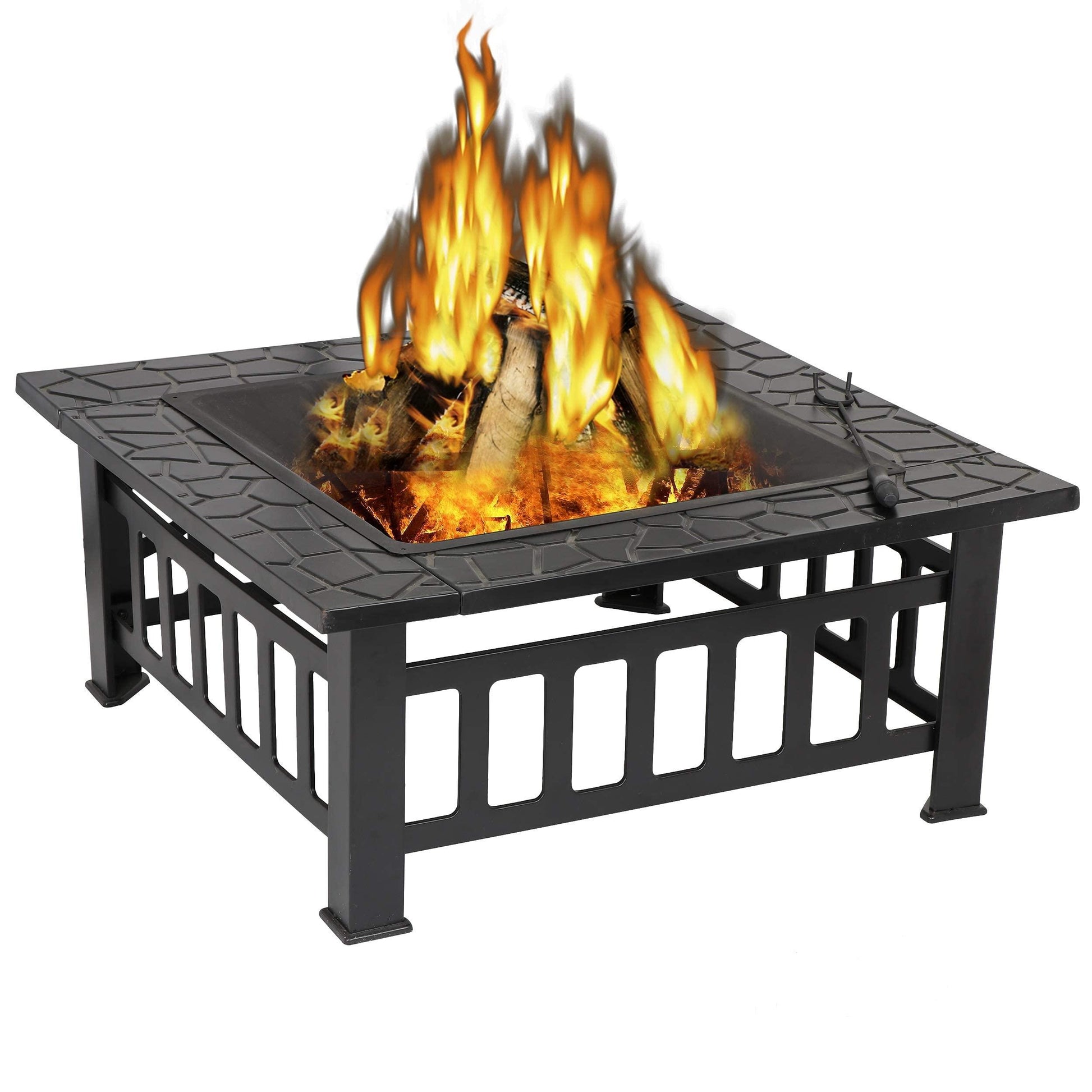 ZENY 32" Outdoor Fire Pit Square Table Metal Firepit Table Backyard Patio Garden Stove Wood Burning Fireplace w/ Waterproof Cover, Spark Screen and Poker - CookCave