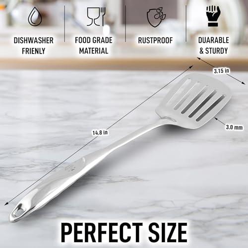 Zulay Kitchen Heavy Duty Stainless Steel Metal Spatula - 14.8" Stainless Steel Spatula for Cooking - Spatula Stainless Steel for Frying - Ergonomic Easy Grip Handle - Slotted Turner Grill Spatula - CookCave