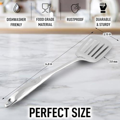 Zulay Kitchen Heavy Duty Stainless Steel Metal Spatula - 14.8" Stainless Steel Spatula for Cooking - Spatula Stainless Steel for Frying - Ergonomic Easy Grip Handle - Slotted Turner Grill Spatula - CookCave